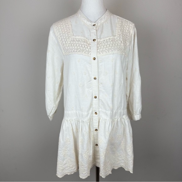 ZARA Women’s Embroidered Mini Dress Tunic Cream Boho Drop Waist Lace S - Picture 2 of 10